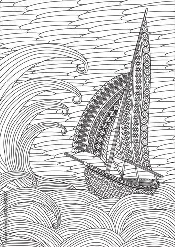 Waves and boat adult coloring page vector