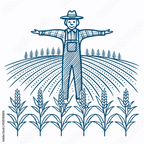 Create a bold vector illustration of a scarecrow standing in a cornfield, emphasizing strong outlines and simplified shapes.