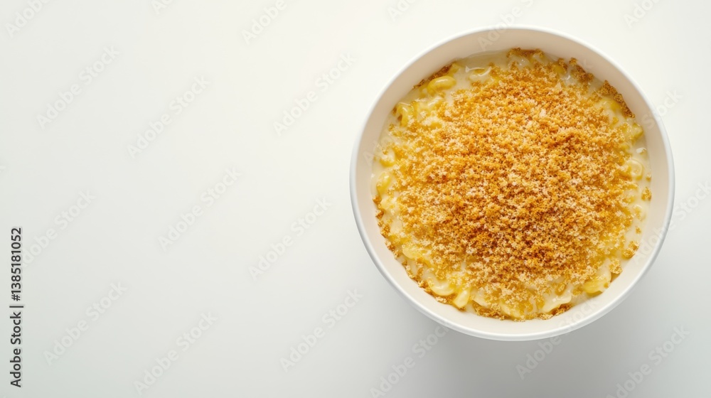 A creamy bowl of macaroni and cheese topped with breadcrumbs. Featuring comfort and richness A creamy bowl of macaroni and cheese topped with breadcrumbs. Featuring comfort and richness