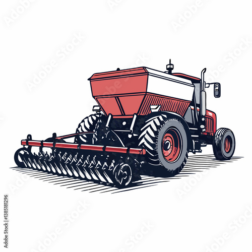 Create a bold vector illustration of a seed drill machine, emphasizing strong lines and impactful design.  Include detailed mechanical parts.
