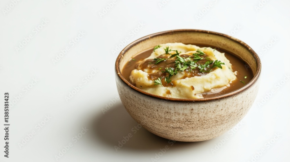 A creamy bowl of mashed potatoes with gravy and herbs. Featuring comfort and warmth A creamy bowl of mashed potatoes with gravy and herbs. Featuring comfort and warmth