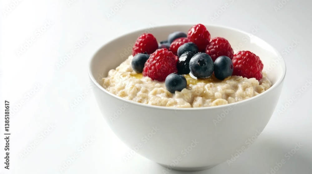A creamy bowl of oatmeal topped with fresh berries and honey. Featuring warmth and nourishment A creamy bowl of oatmeal topped with fresh berries and honey. Featuring warmth and nourishment
