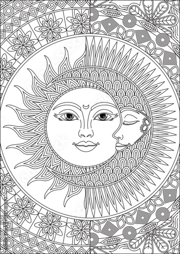Sun And Moon Coloring Page For Adult Vector