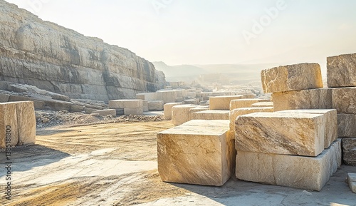 Neatly cut yellow stone blocks arranged in open landscape, mountainous background under clear sky, bright natural lighting, ancient quarry aesthetic