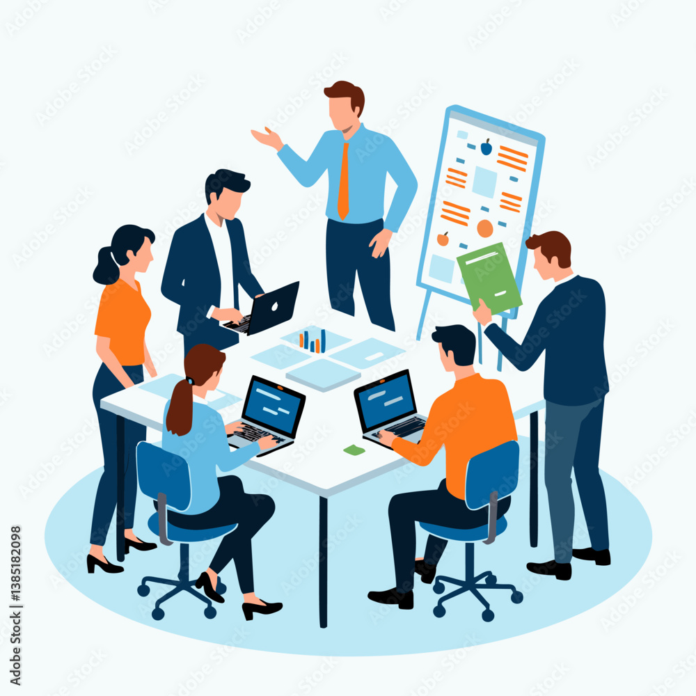 Fototapeta premium Flat vector illustration of a business team brainstorming in a modern office. People collaborating, analyzing charts and working on laptops. Ideal for teamwork, office culture, and startup concept.