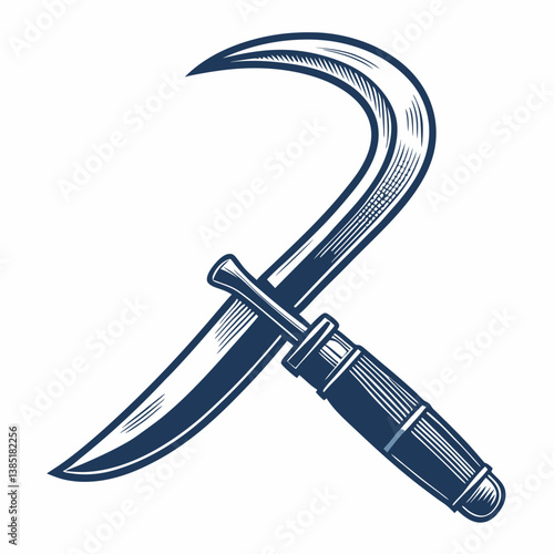 Create a bold, vector illustration of a sickle and its sheath, emphasizing strong, thick outlines.  Include detailed blade and sheath design.