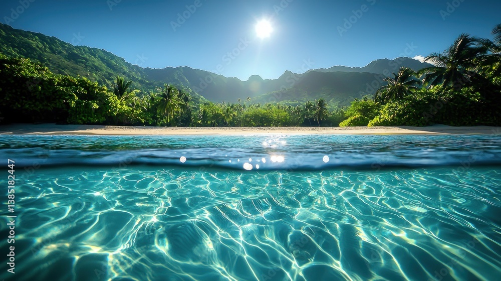 Fototapeta premium Tropical beach, turquoise water, palm trees, mountains, sunshine.