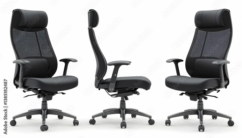 Three Office Chairs on White Background in Different Angles Studio Shot Three Office Chairs on White Background in Different Angles Studio Shot