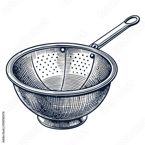 Create a bold, vector illustration of a sieve or strainer with a thick, black stroke.  Include realistic detail and sharp lines.