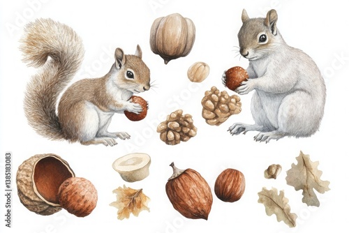 Watercolor illustration of squirrels holding nuts with various autumn leaves and forest food elements around