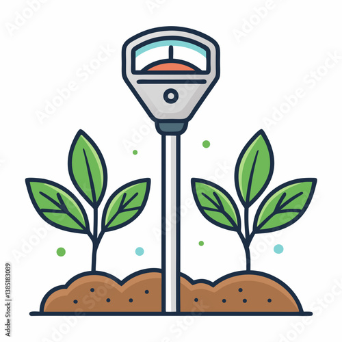 Create a bold, vector illustration of a soil pH meter, emphasizing its metallic structure and sharp lines.  Include detailed, accurate components.