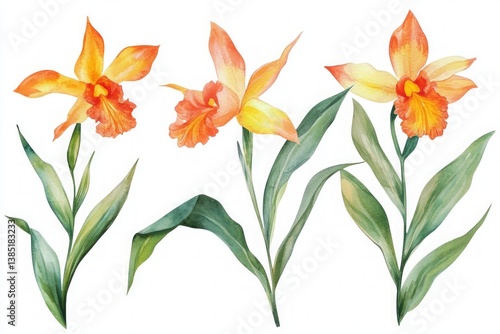 Watercolor illustration of vibrant orange and yellow orchids with lush green leaves, elegant floral art