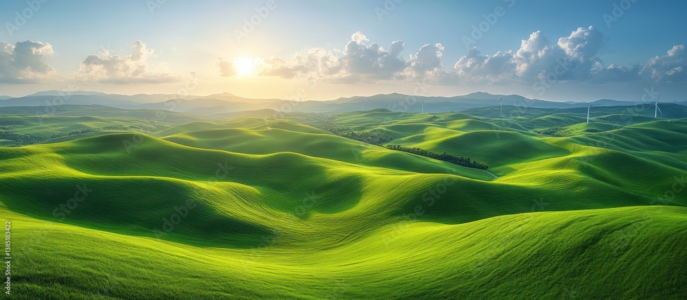 Sunset over rolling green hills and distant wind turbines. Sunset over rolling green hills and distant wind turbines.