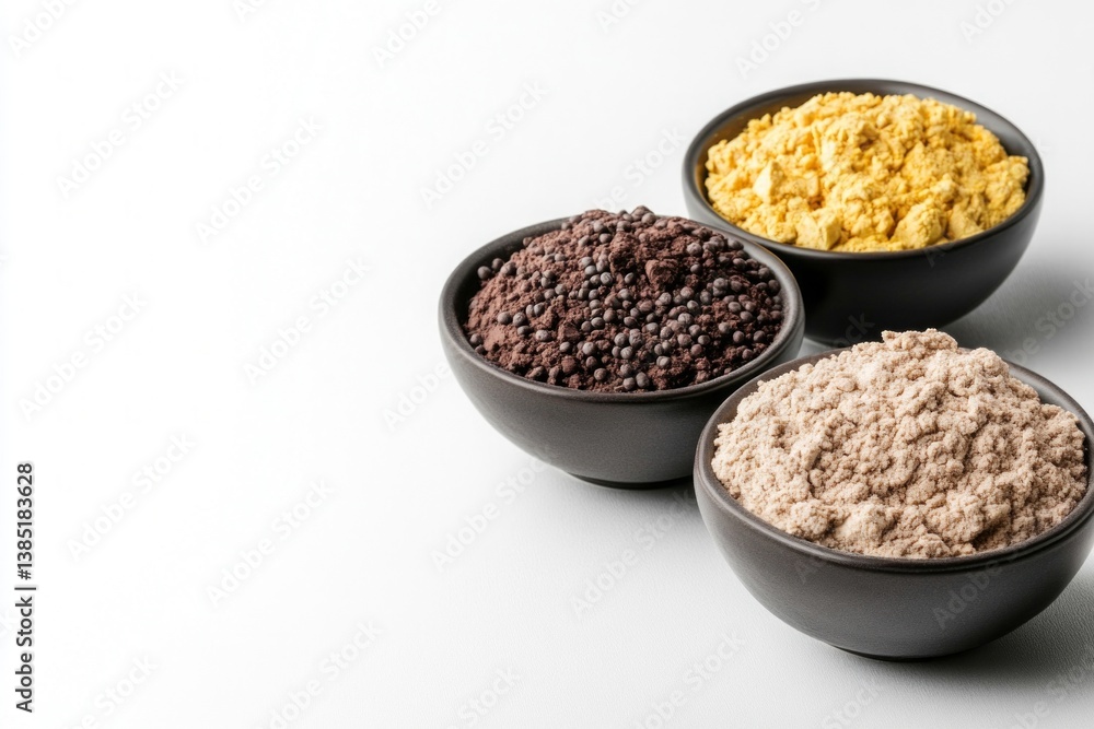 Three black bowls filled with different powders and grains, arranged on white background with space Three black bowls filled with different powders and grains, arranged on white background with space