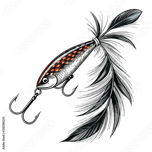 Create a bold vector illustration of a spinning fishing lure in motion, emphasizing dynamic lines and vibrant color.