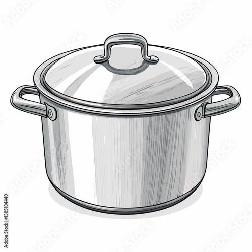 Create a vector illustration of a bold, stainless steel cooking pot; emphasize thick, metallic stroke; highly detailed, realistic reflection.