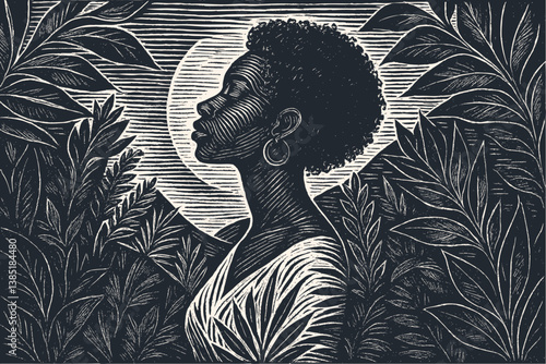 Vector illustration in woodcut or linocut style depicting a Black woman in profile with natural hair, surrounded by foliage. Elegant silhouette against moon-like glow. Monochromatic black and white 