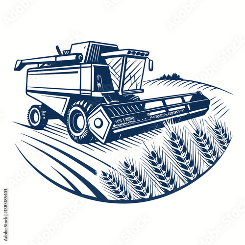 Create a bold, vector illustration of a threshing machine, emphasizing strong outlines and sharp details.  Include all significant components.