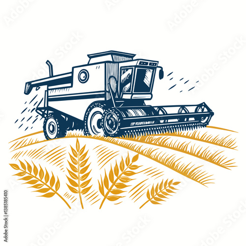 Create a bold, vector illustration of a vintage threshing machine, emphasizing thick, black outlines and strong shapes.