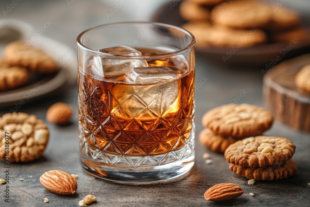 Whiskey with ice cubes served with almond cookies and nuts, creating a cozy and indulgent atmosphere Whiskey with ice cubes served with almond cookies and nuts, creating a cozy and indulgent atmosphere