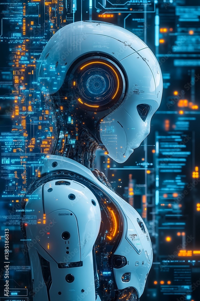 Fototapeta premium A robot standing in front of a futuristic city