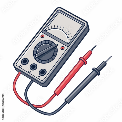 Create a bold vector illustration of a classic analog voltmeter with probes, emphasizing thick outlines and clean lines.  High-detail, professional-looking.
