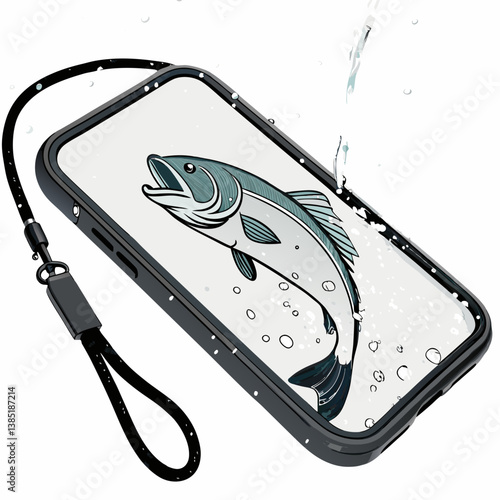 Create a bold, vector illustration of a waterproof phone case, showcasing its rugged design and protective features.