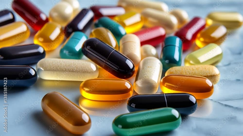 A vibrant assortment of dietary supplements and vitamins scattered on a marble surface
