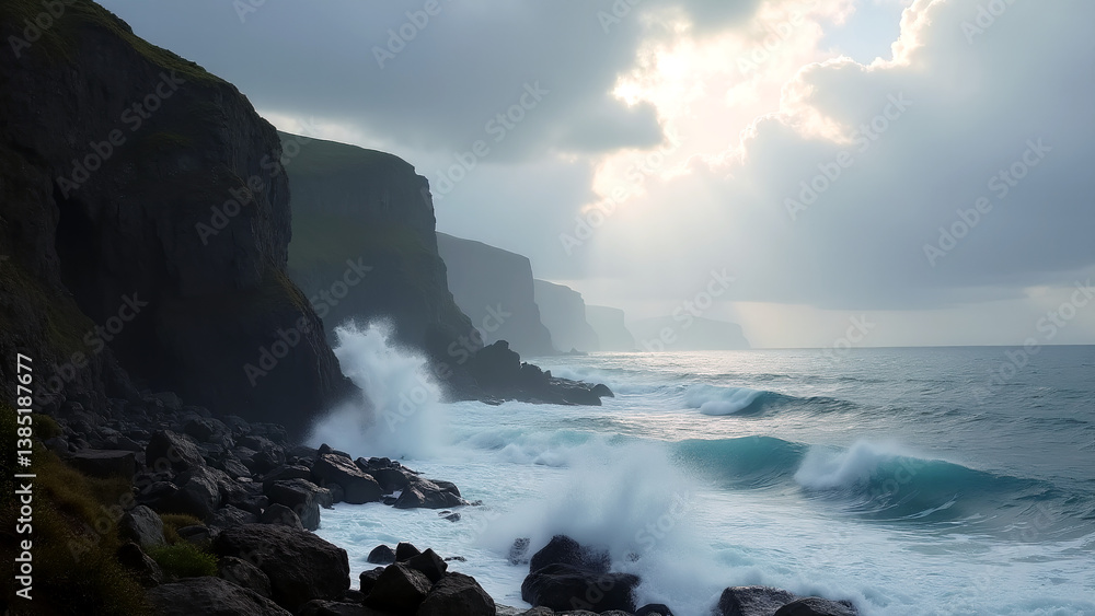 Obraz premium Dramatic Coastal Landscape with Waves and Sunlight