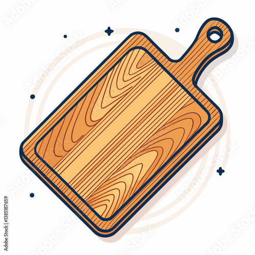 Create a bold, vector illustration of a rustic wooden cutting board with thick, clearly defined strokes.  Show wood grain texture.
