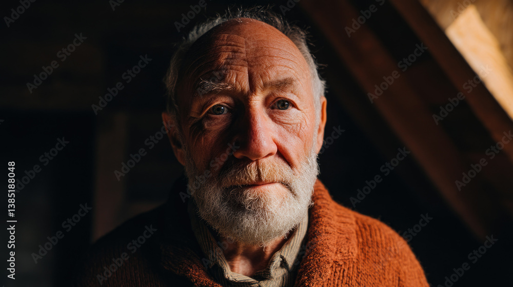 Fototapeta premium Portrait of a senior man with beard looking at camera in dark setting