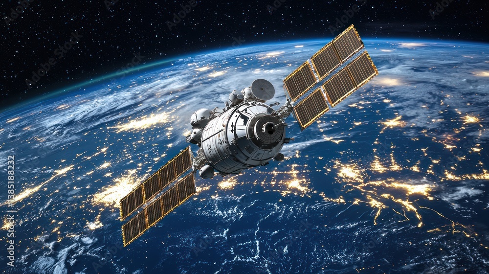 Satellite orbiting Earth at night, showcasing city lights and stars.
