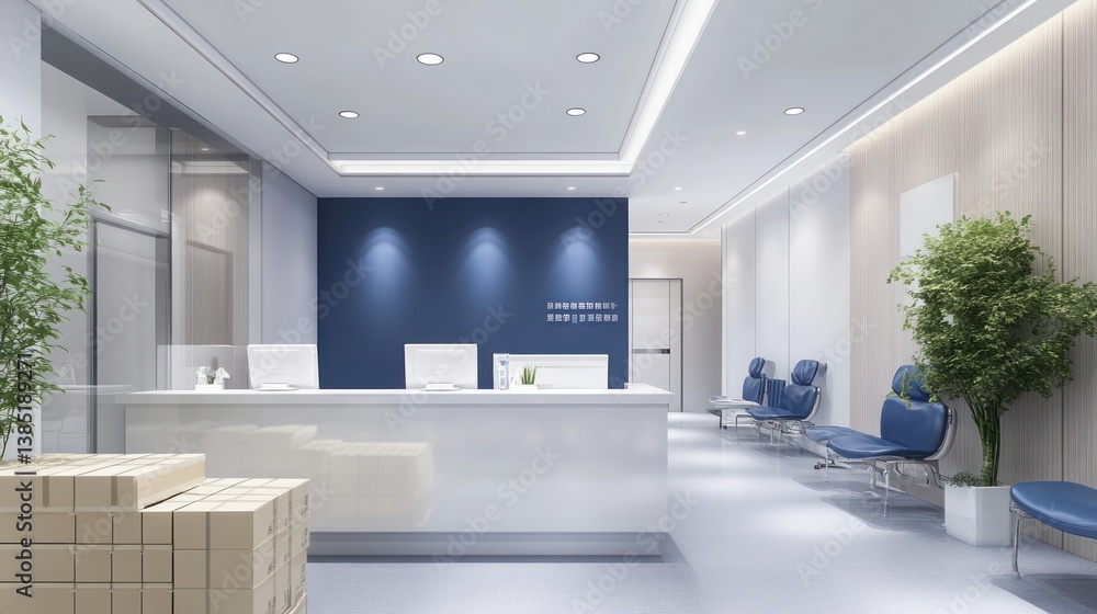 Fototapeta premium Modern Hospital Reception Area; Clean, bright, spacious waiting area