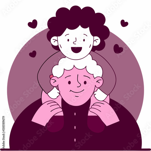 Happy child enjoying a piggyback ride with an adult against playful background  