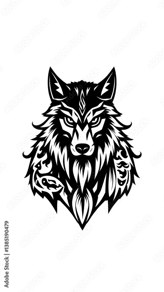 Fototapeta premium Wolf warrior logo with tribal tattoos and wolf fur cloak