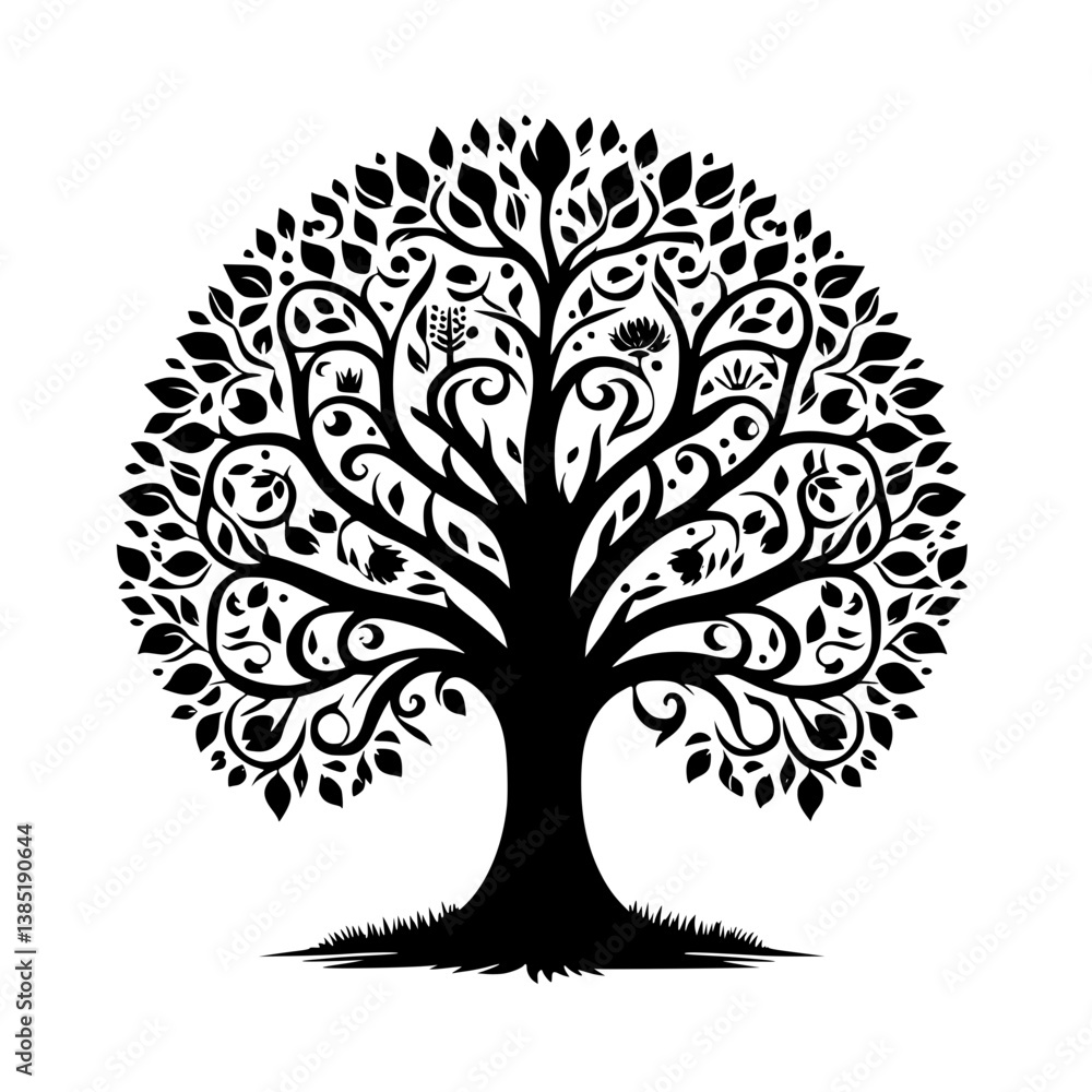 Fototapeta premium Silhouetted tree with intricate patterns against, transparent background