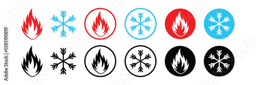 Ice and fire icon set. Modern hot and cold icon symbol website logo design. Flat style snowflake and fire icon isolated on white background. Ice and fire icon sign symbol. Vector illustration. EPS 10