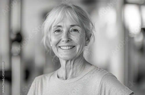 Middle-aged woman in gray athletic shirt with silver hair in gym, blurred background with fitness equipment, soft natural lighting Free Download Middle-aged woman in gray athletic shirt with silver hair in gym, blurred background with fitness equipment, soft natural lighting - GFXLoad