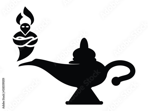 Genie from magic lamp symbol. Magical fabulous character genie sign silhouette symbol web design. Cartoon genie magic lamp icon isolated on white background. Halloween vector image.