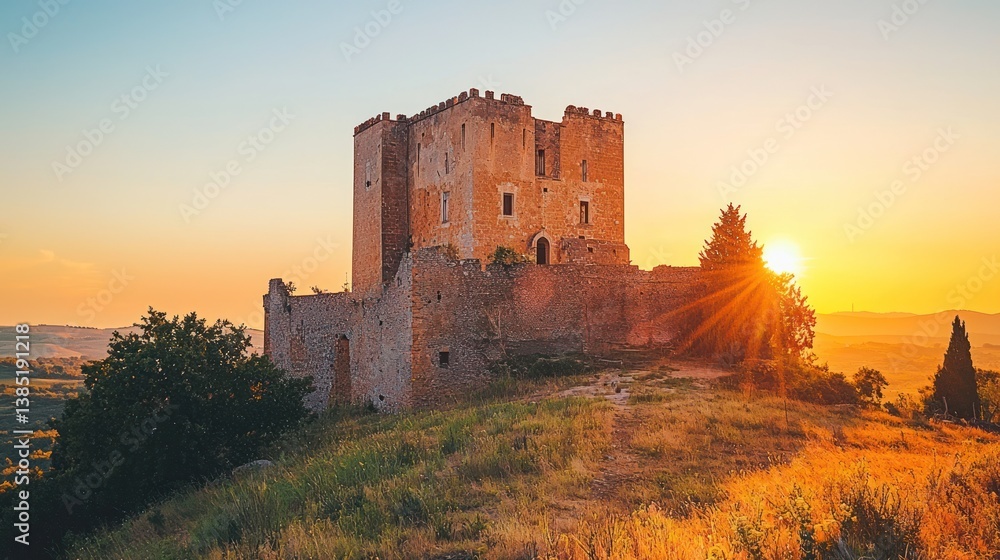 Fototapeta premium Sunset over ancient stone castle ruins on hilltop.