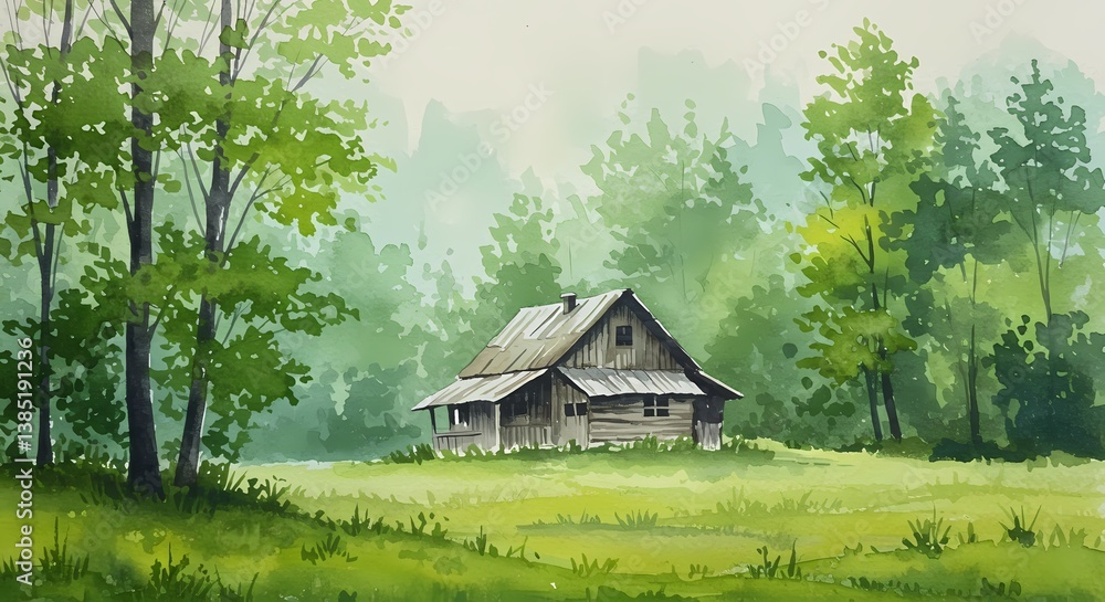 Obraz premium Rustic wooden house surrounded by tranquil forest scenery 