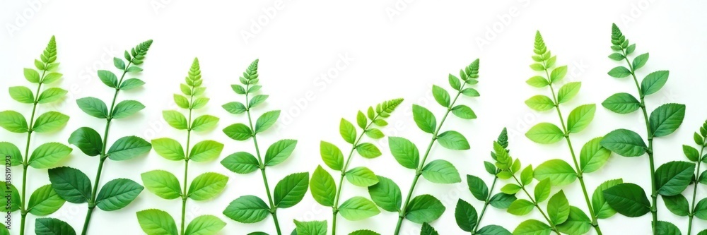 Delicate ferns in shades of green on a crisp white background, leafy, botanical, plants Delicate ferns in shades of green on a crisp white background, leafy, botanical, plants