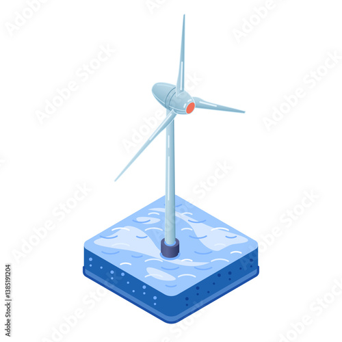 Offshore Wind Turbine. Isometric vector illustration of an offshore wind turbine, standing in open water. Represents modern clean energy production at sea, utilizing ocean winds.