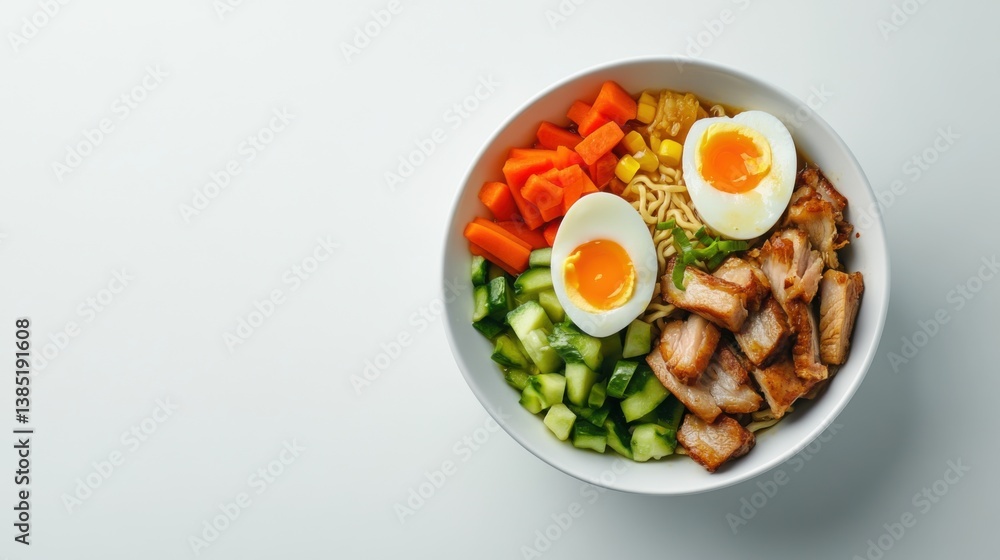 A delicious bowl of ramen with soft-boiled eggs, vegetables, and pork belly. Featuring flavor and indulgence A delicious bowl of ramen with soft-boiled eggs, vegetables, and pork belly. Featuring flavor and indulgence