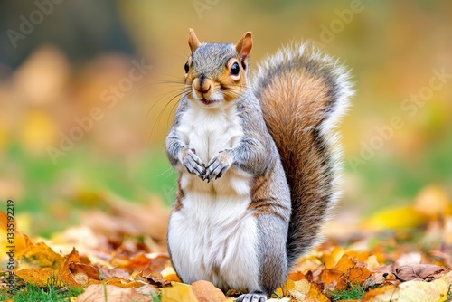 A grey squirrel standing on its hind legs in a city park, surrounded by fallen leaves
