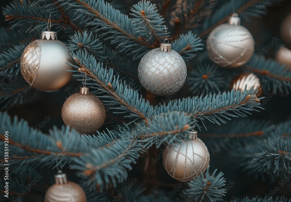 Fototapeta premium Elegant Silver Christmas Ornaments on a Evergreen Tree Branch