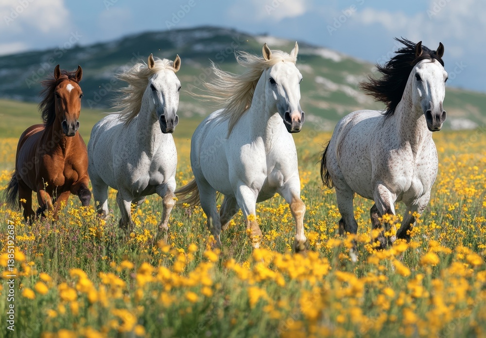 Obraz premium Majestic Horses Galloping Through Vibrant Flower-Filled Meadow
