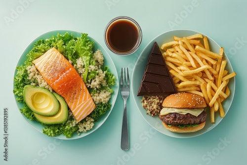 A colorful plate showcases a healthy salmon salad with avocado beside a decadent burger and french fries, set against a pastel backdrop