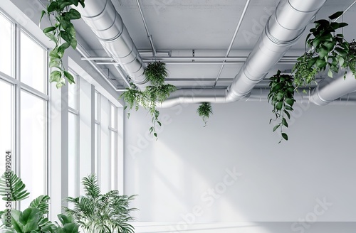 Modern interior with exposed metal ductwork on ceiling, glossy floor, green plants, large glass windows showing city views, bright airy atmosphere, minimalist industrial design.