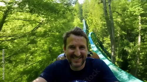 Smiling man rides zipline through lush green forest on sunny day. Camera follows excited rider gliding between trees with gopro perspective creating immersive adventure experience in nature.